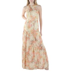 Elegant Aidan Mattox Halter Maxi Gown in Cream, Coral, Metallic Gold NWT Sz 6